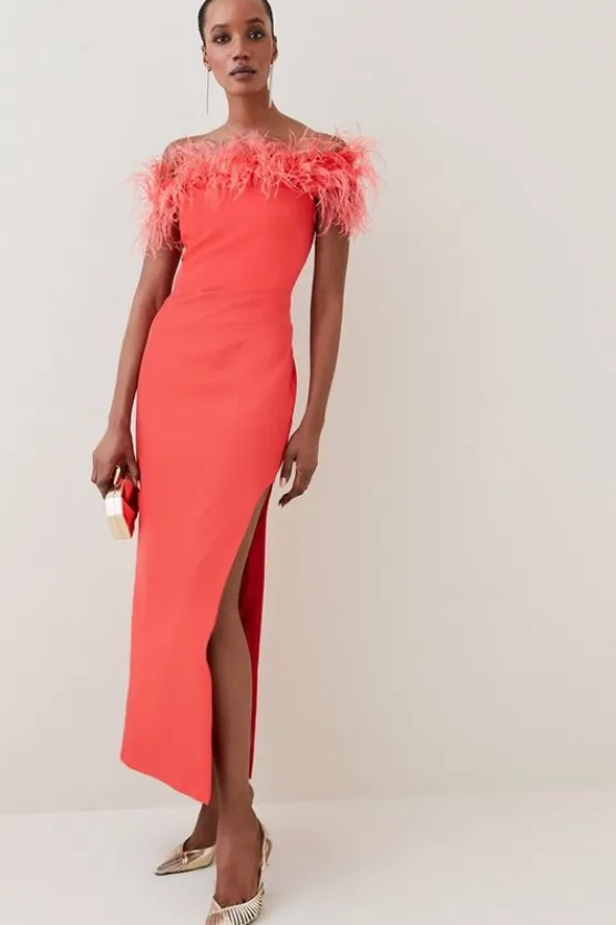 Karen Millen Feather Off The Shoulder Stretch Crepe Maxi Dress red Best