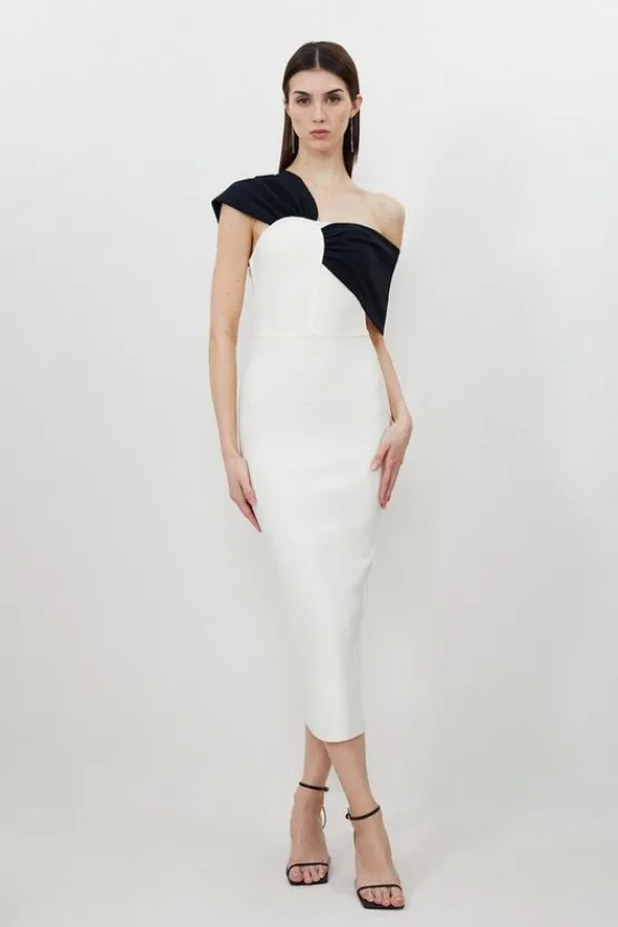 Karen Millen Figure Form Bandage Asymmetric Strap Knit Midi Dress cream Outlet