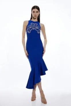 Karen Millen Figure Form Bandage Embellished Asymmetric Hem Knit Dress cobalt New