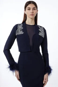 Karen Millen Figure Form Bandage Embellished Feather Cuff Crop Knit Jacket navy Fashion