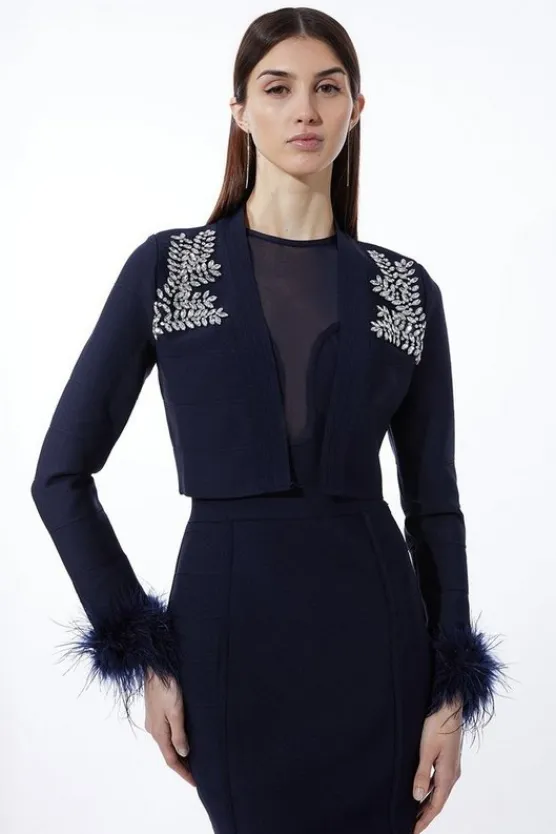 Karen Millen Figure Form Bandage Embellished Feather Cuff Crop Knit Jacket navy Fashion