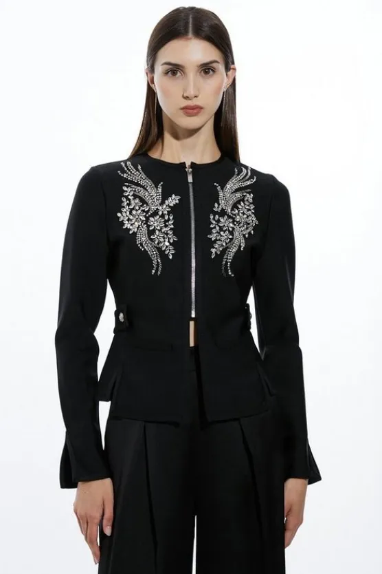 Karen Millen Figure Form Bandage Embellished Piping Knit Jacket black New