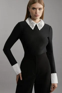 Karen Millen Figure Form Bandage Embellished Collar Knit Top black Fashion
