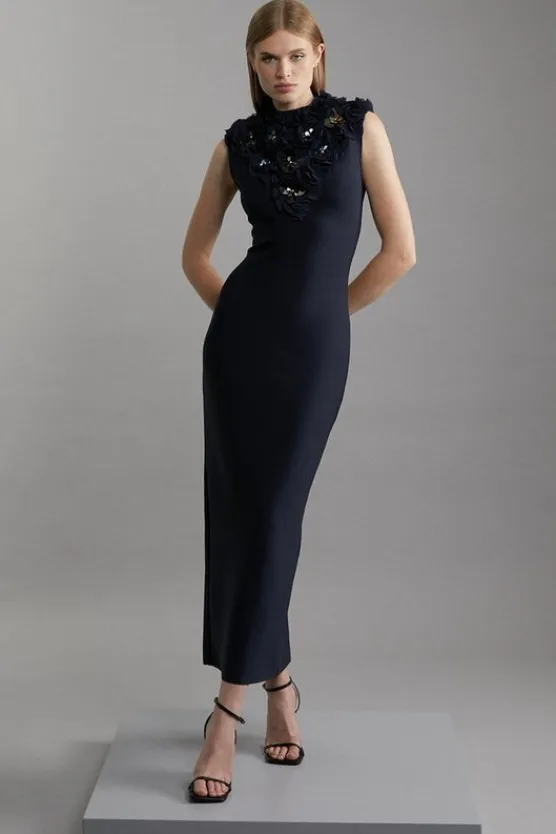 Karen Millen Figure Form Bandage Embellished Neck Midaxi Column Dress navy Best