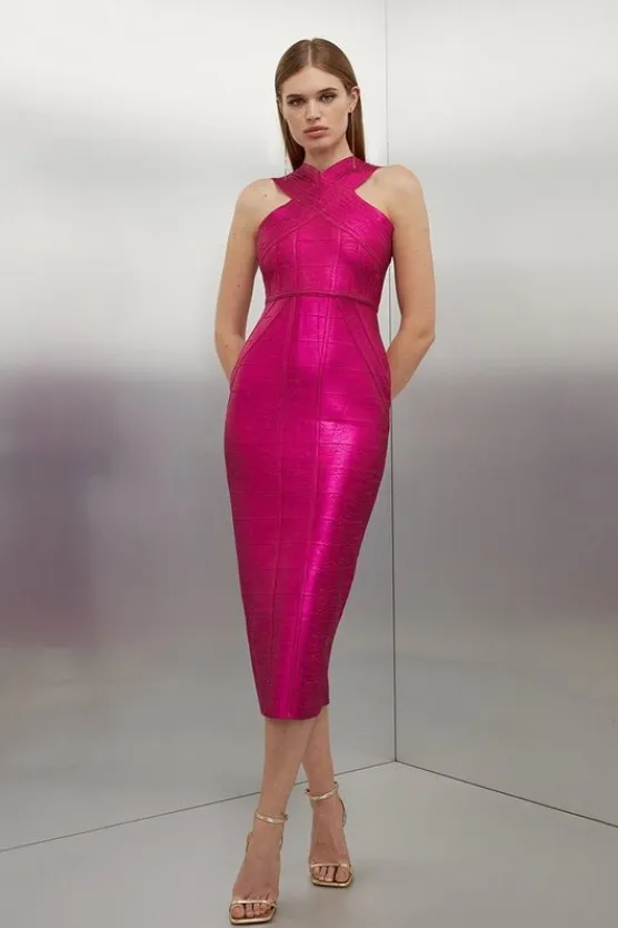 Karen Millen Figure Form Bandage Foiled Cross Front Knit Midi Dress pink Clearance