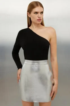 Karen Millen Figure Form Bandage Foiled Knit Mini Skirt silver New