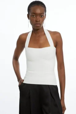 Karen Millen Figure Form Bandage Halter Square Neck Top ivory Discount