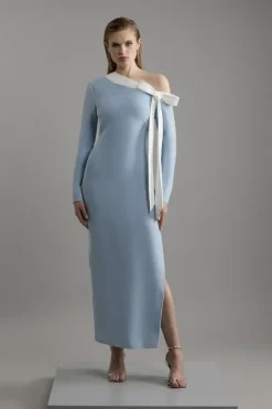 Karen Millen Figure Form Bandage Knit Contrast Bow Detail Midaxi Dress blue Online