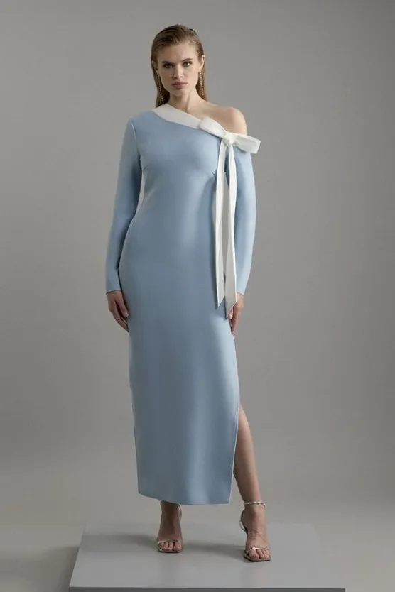 Karen Millen Figure Form Bandage Knit Contrast Bow Detail Midaxi Dress blue Online