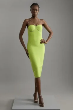 Karen Millen Figure Form Bandage Knit Diamante Chain Mini Dress lime Sale