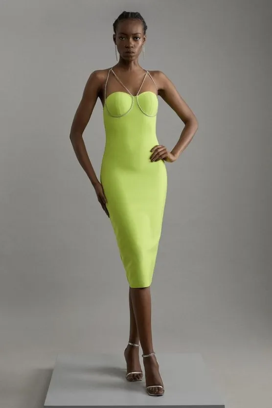 Karen Millen Figure Form Bandage Knit Diamante Chain Mini Dress lime Sale