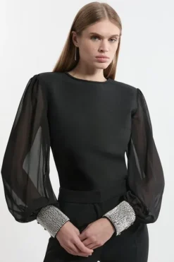 Karen Millen Figure Form Bandage Knit Embellished And Chiffon Sleeve Top black Best