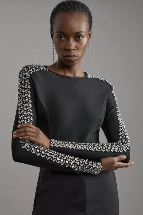 Karen Millen Figure Form Bandage Knit Embellished Top black Hot