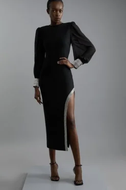 Karen Millen Figure Form Bandage Knit Embellished And Chiffon Sleeve Midaxi Dress black Hot