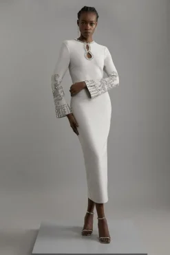 Karen Millen Figure Form Bandage Knit Embellished Wide Sleeve Midaxi Dress grey Fashion