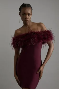 Karen Millen Figure Form Bandage Knit Feather Off The Shoulder Mini Dress wine Online