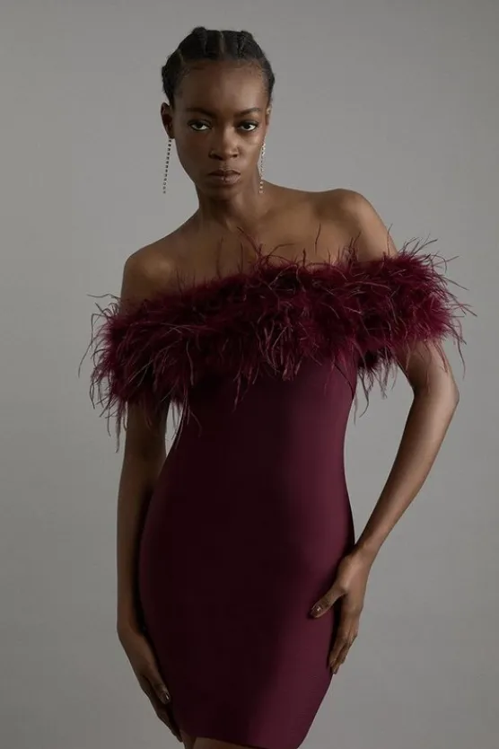 Karen Millen Figure Form Bandage Knit Feather Off The Shoulder Mini Dress wine Online