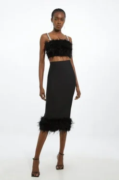 Karen Millen Figure Form Bandage Knit Feather Hem Midi Skirt black Outlet