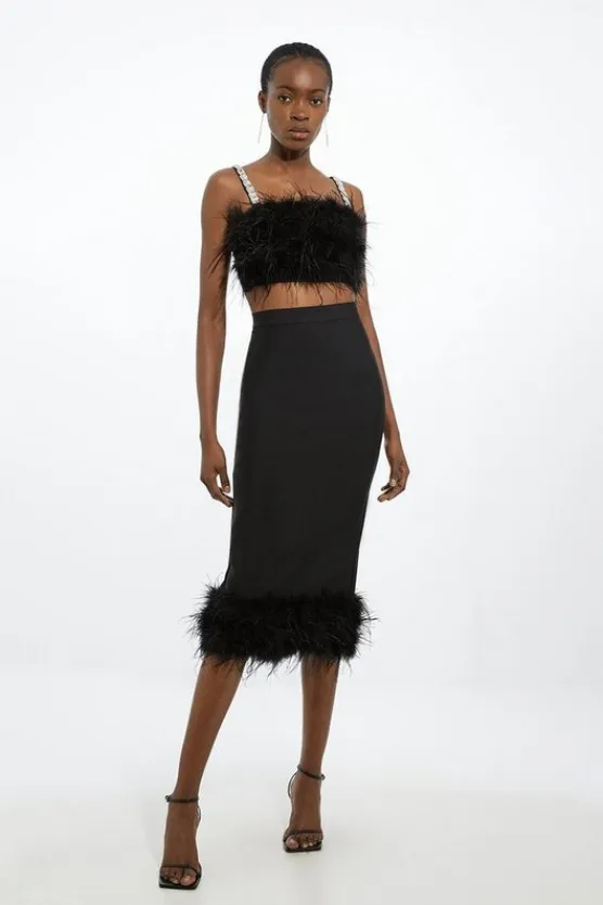 Karen Millen Figure Form Bandage Knit Feather Hem Midi Skirt black Outlet