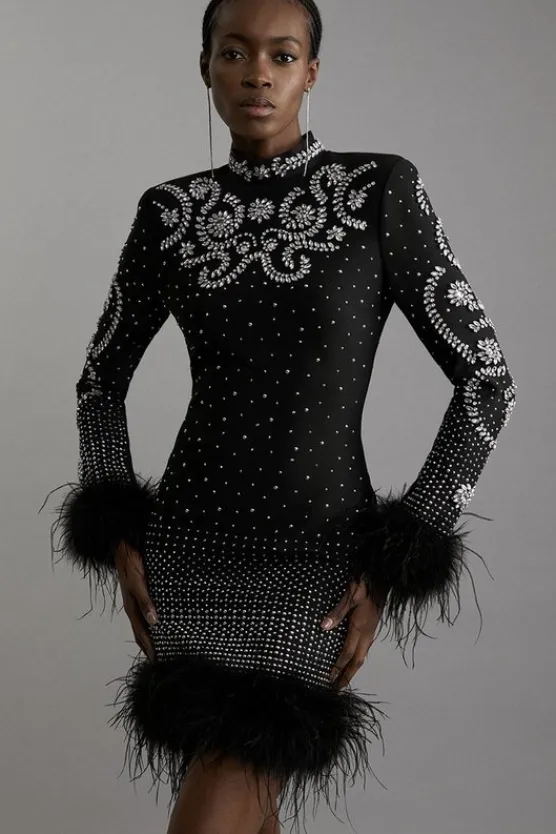 Karen Millen Figure Form Bandage Knit Feather Embellished Mini Dress black Online