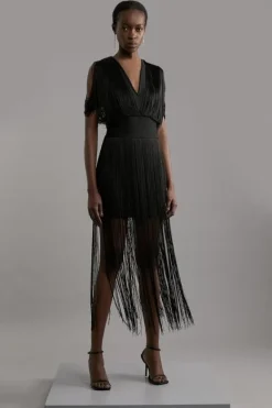 Karen Millen Figure Form Bandage Knit Fringe Detail Dress black Discount