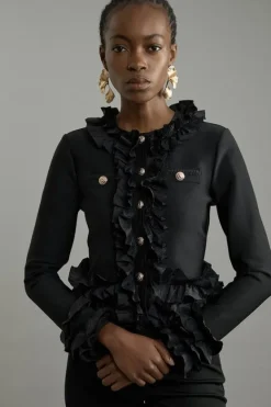 Karen Millen Figure Form Bandage Knit Jacket With Woven Ruffle Trim black Best