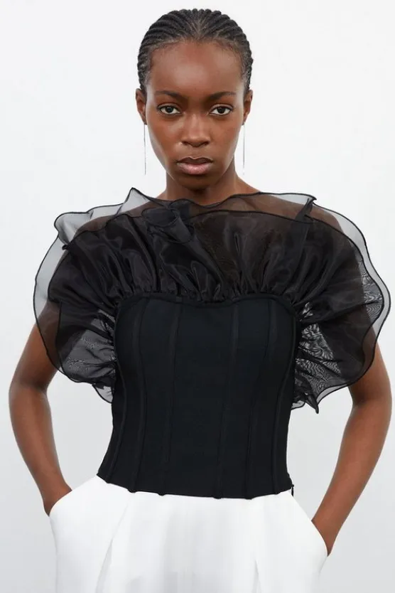 Karen Millen Figure Form Bandage Knit Organza Frill Detail Top black Clearance