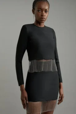 Karen Millen Figure Form Bandage Knit Scallop Tassel Skirt black Discount