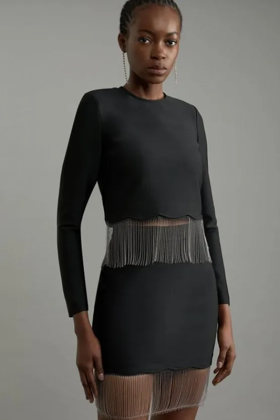 Karen Millen Figure Form Bandage Knit Scallop Tassel Skirt Co-Ord black Sale