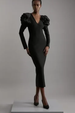 Karen Millen Figure Form Bandage Knit Silk Ruffle Shoulder Detail Maxi Dress black Discount