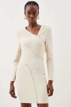 Karen Millen Figure Form Bandage Knit Zip Detail Power Shoulder Mini Dress stone Fashion