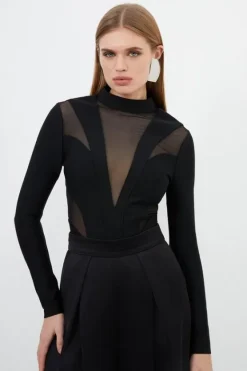 Karen Millen Figure Form Bandage Mesh Detail Knit Top black Discount