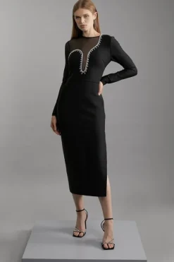 Karen Millen Figure Form Bandage Mesh Detail Asymmetric Trim Midi Dress black Fashion