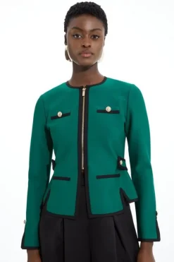 Karen Millen Figure Form Bandage Military Contrast Piping Knit Jacket green New