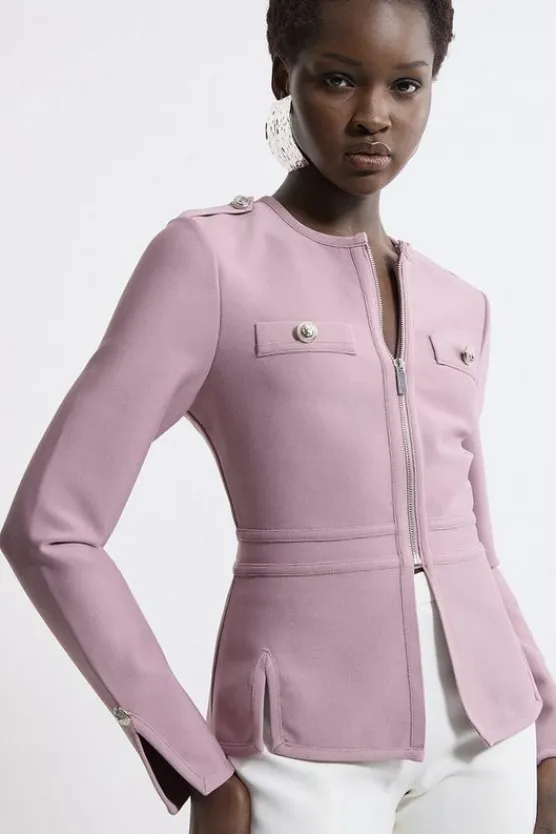 Karen Millen Figure Form Bandage Military Contrast Piping Knit Split Hem Jacket mauve Hot