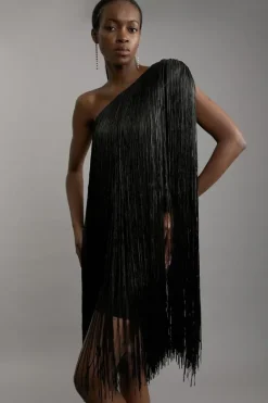 Karen Millen Figure Form Bandage One Shoulder Fringe Mini Knit Dress black Online