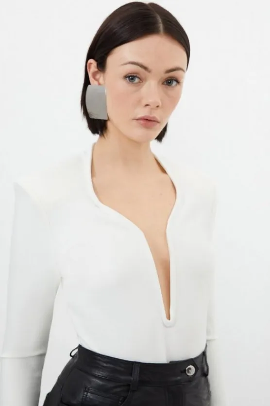 Karen Millen Figure Form Bandage Plunge Knit Top cream New