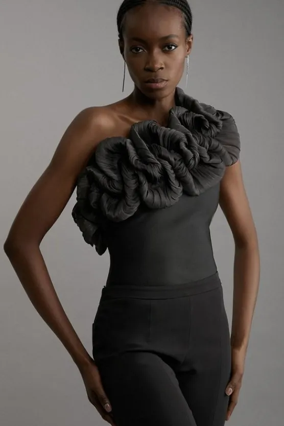 Karen Millen Figure Form Bandage Silk Look Knit Bodysuit black Fashion