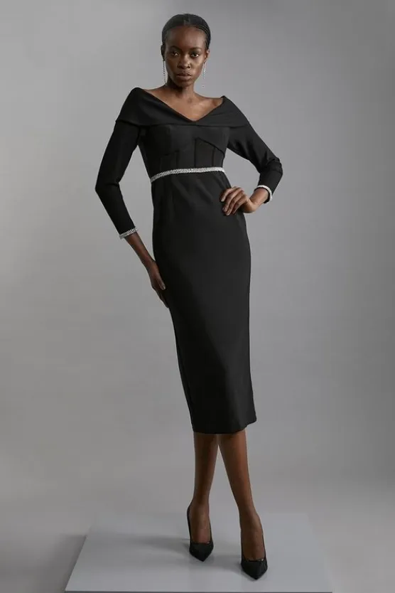 Karen Millen Figure Form Diamante Trim And Power Mesh Midi Dress black Clearance