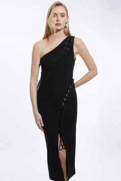 Karen Millen Figure Form One Shoulder Lace Up Woven Midi Dress black New
