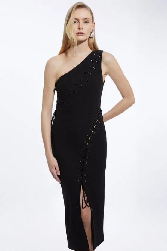 Karen Millen Figure Form One Shoulder Lace Up Woven Midi Dress black New