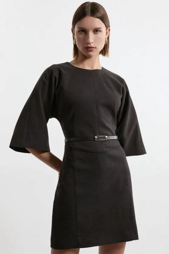 Karen Millen Flannel Tailored Belted Dress grey Outlet
