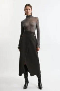 Karen Millen Flannel Wrap Over Belted Tailored Maxi Skirt grey Clearance