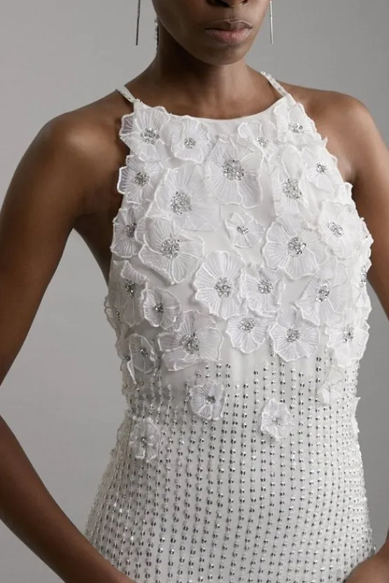 Karen Millen Floral Applique Crystal Beaded Woven Halter Maxi Dress ivory New