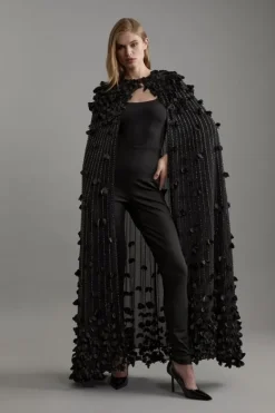 Karen Millen Floral Applique Crystal Embellished Woven Maxi Cape black Sale