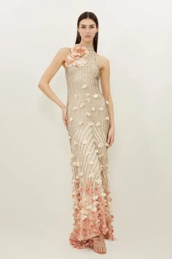 Karen Millen Floral Applique Crystal Embellished Woven Maxi Rosette Maxi Dress gold Best