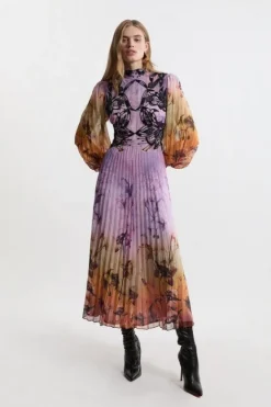 Karen Millen Applique Lace Pleated Woven Maxi Dress floral Best