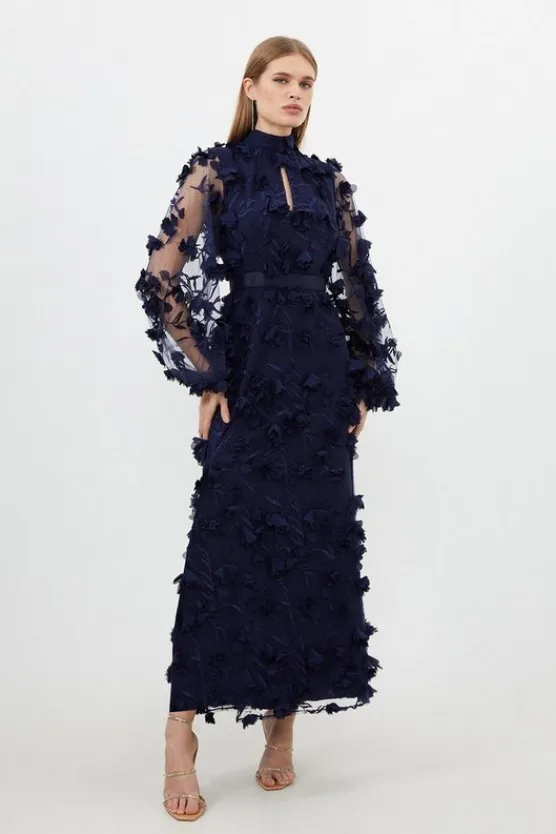 Karen Millen Floral Applique Woven Maxi Dress navy Outlet