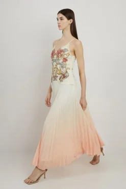 Karen Millen Floral Chemical Lace And Slub Organdie Mix Woven Strappy Maxi Dress pink New