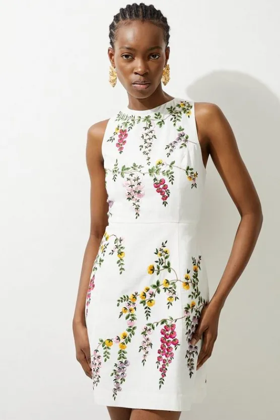 Karen Millen Embroidered Cotton Linen Woven Mini Dress floral Online